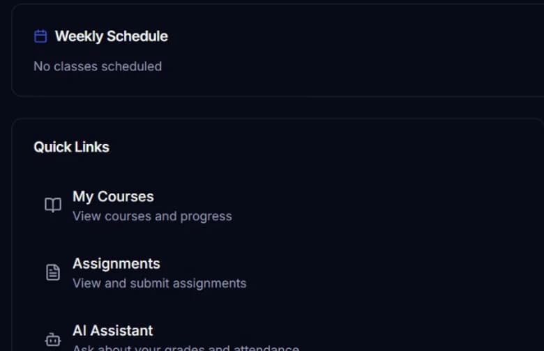 Student workspace showing a weekly schedule and quick links for My Courses and Assignments