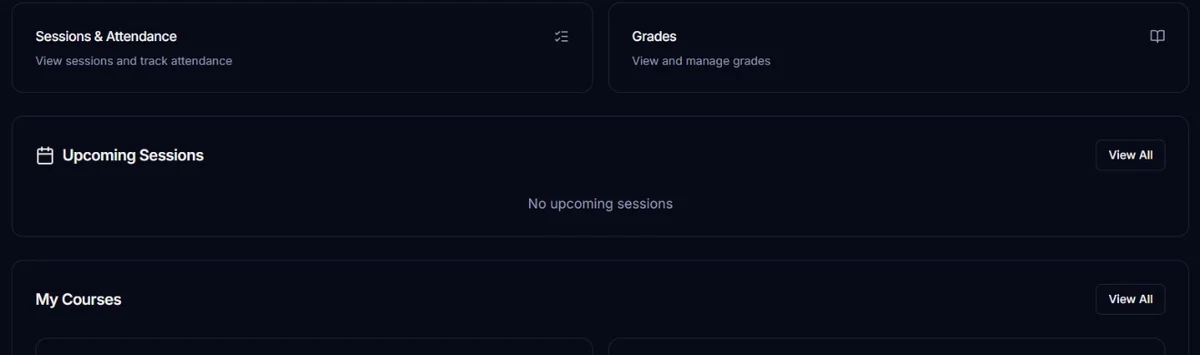 Teacher workspace with Sessions and Attendance, Grades, Upcoming Sessions and My Courses sections
