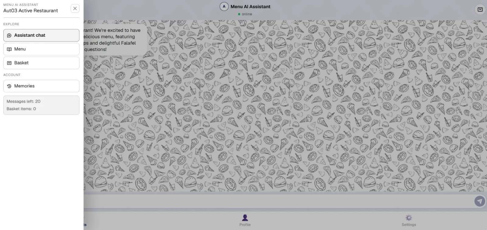 AI Sales Agent demonstration with assistant chat, menu and basket