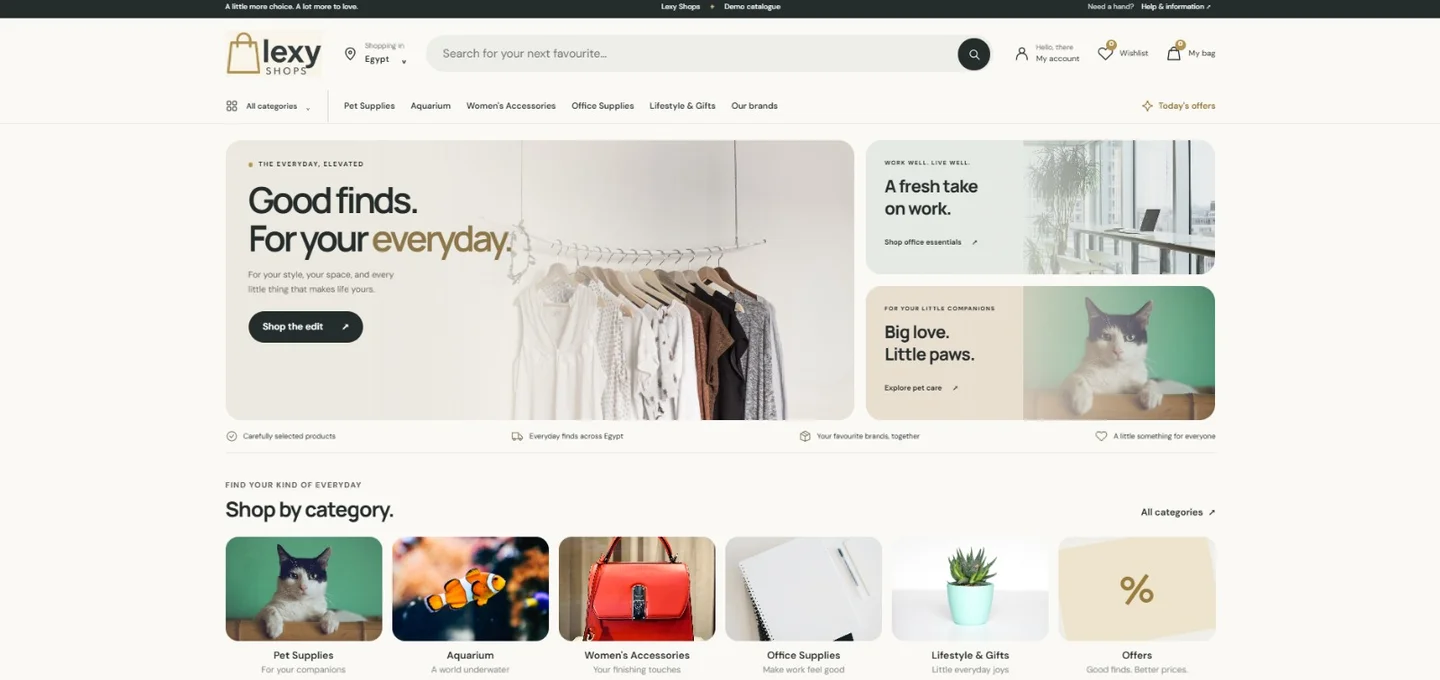 Supplied Lexy Shops storefront with fashion, office and pet product categories